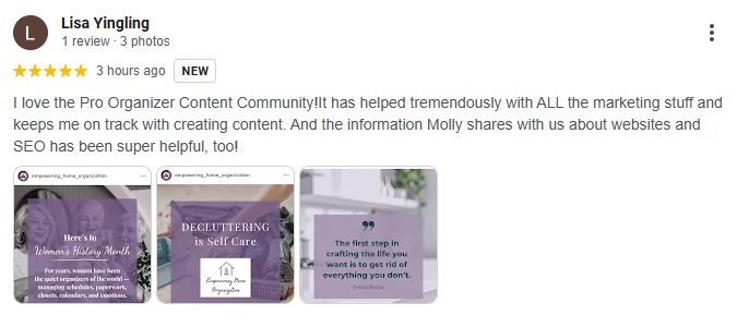Google Review from a professional organizer showing 5 stars and samples.